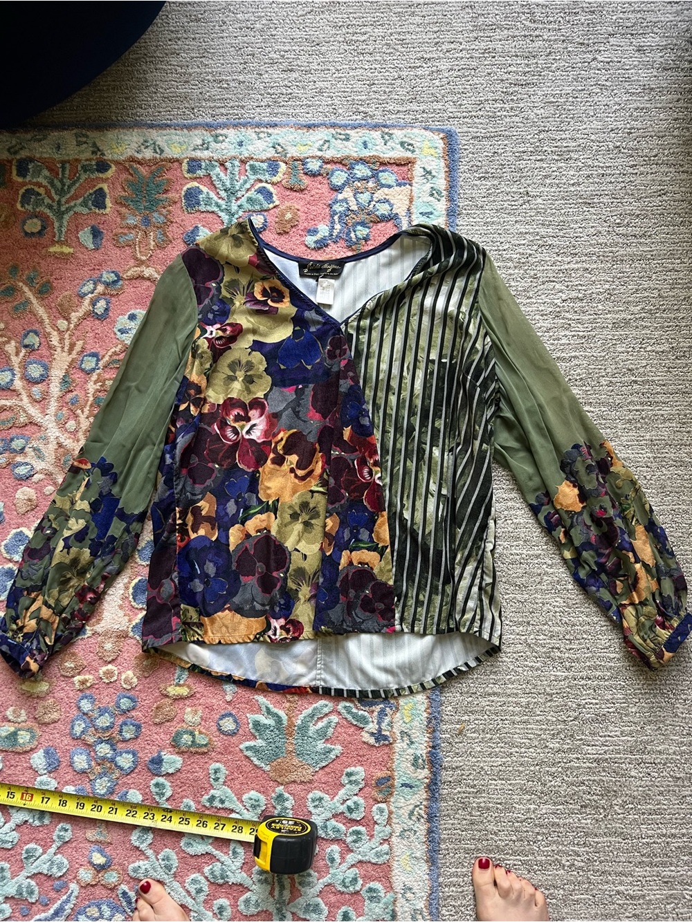 Eclectic Floral & Stripe Mixed-Media Blouse - Olive/Multicolor
